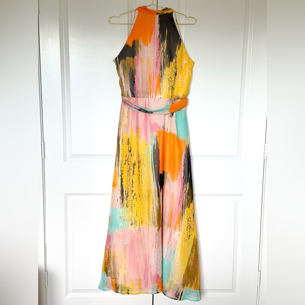Chetta B Halter Tie Front Maxi Dress in Pink and Orange - Picture 12 of 15